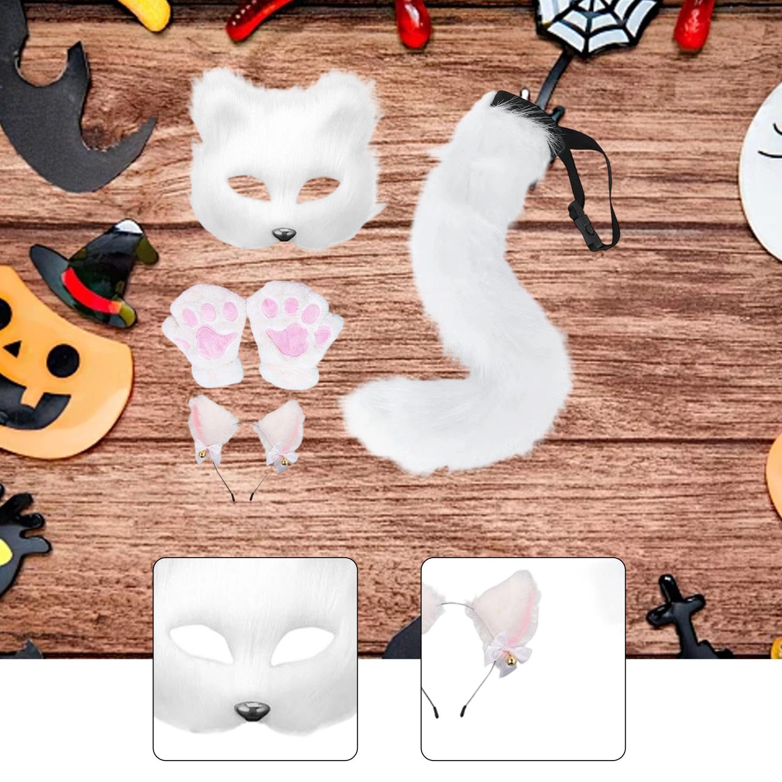 Ears Headband Ensemble Comprenant Serre-tête Queue en Peluche Masque et Gants sans Doigts Accessoire Déguisement Animal pour Cosplay Adapté au, Blanc