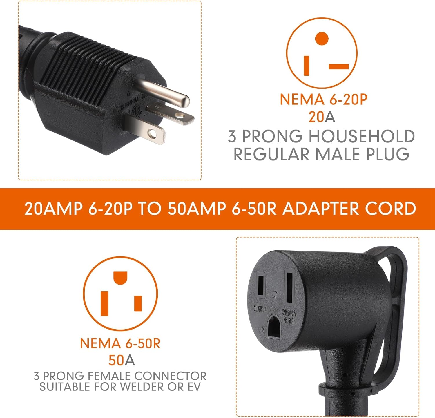 20Amp to 50Amp Welder Adapter Cord Compatible with NEMA 6-20P to 6-50R 3 Prong 20Amp Household Regular to Welder Power Adapter for Welding Machine with Handle, STW 10 AWG, 1FT, ETL Listed 1 FT