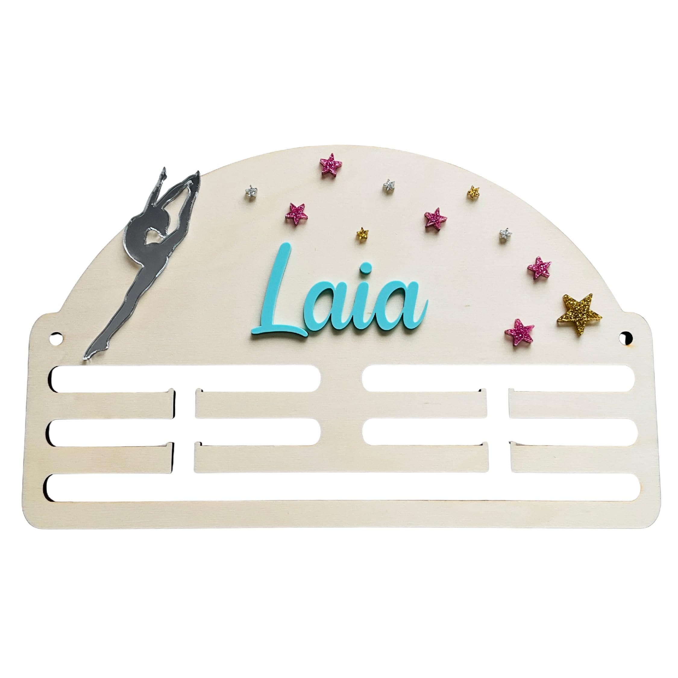 Genérico Ideas CAÓTICAS | Medallero Gimnasia de Madera Personalizado con Nombre. La/el Gimnasta, el Nombre y Las Estrellas Hechos en acrílico de Color a Elegir. Versión Chica y Chico.