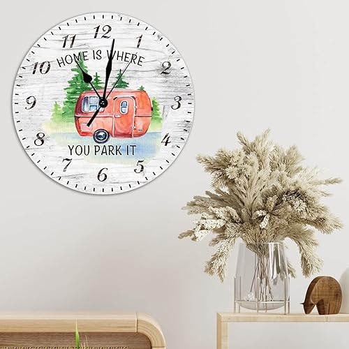Miniatura 4 de Reloj de pared de madera Happy Camper Life Home is Where You Park It de 15 pulgadas, silencioso, sin tictac, reloj de pared redondo, estilo retro,