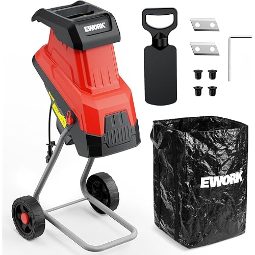 EWORK Electric Wood Chipper, 15-Amp Chipper Shredder with 1.77" Cutting Diameter and 15:1 Reduction Rate, Mulcher Chipper Shredder Includes 2 Extra Blades for Branches, Leaves, Twigs and Yard Waste