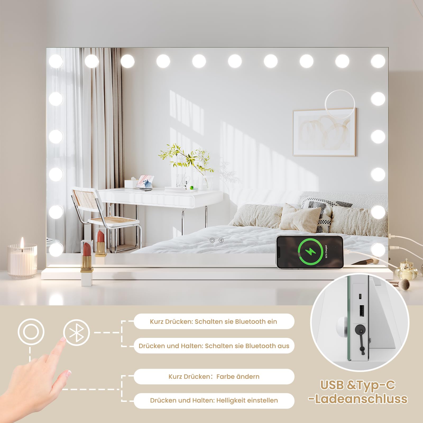 Dripex Bluetooth Hollywood Schminkspiegel mit 20 LED Lampen, 3 Farbtemperatur Licht, USB Ladeanschluss 60L x 90B cm, Aufstellung oder Wandmontage