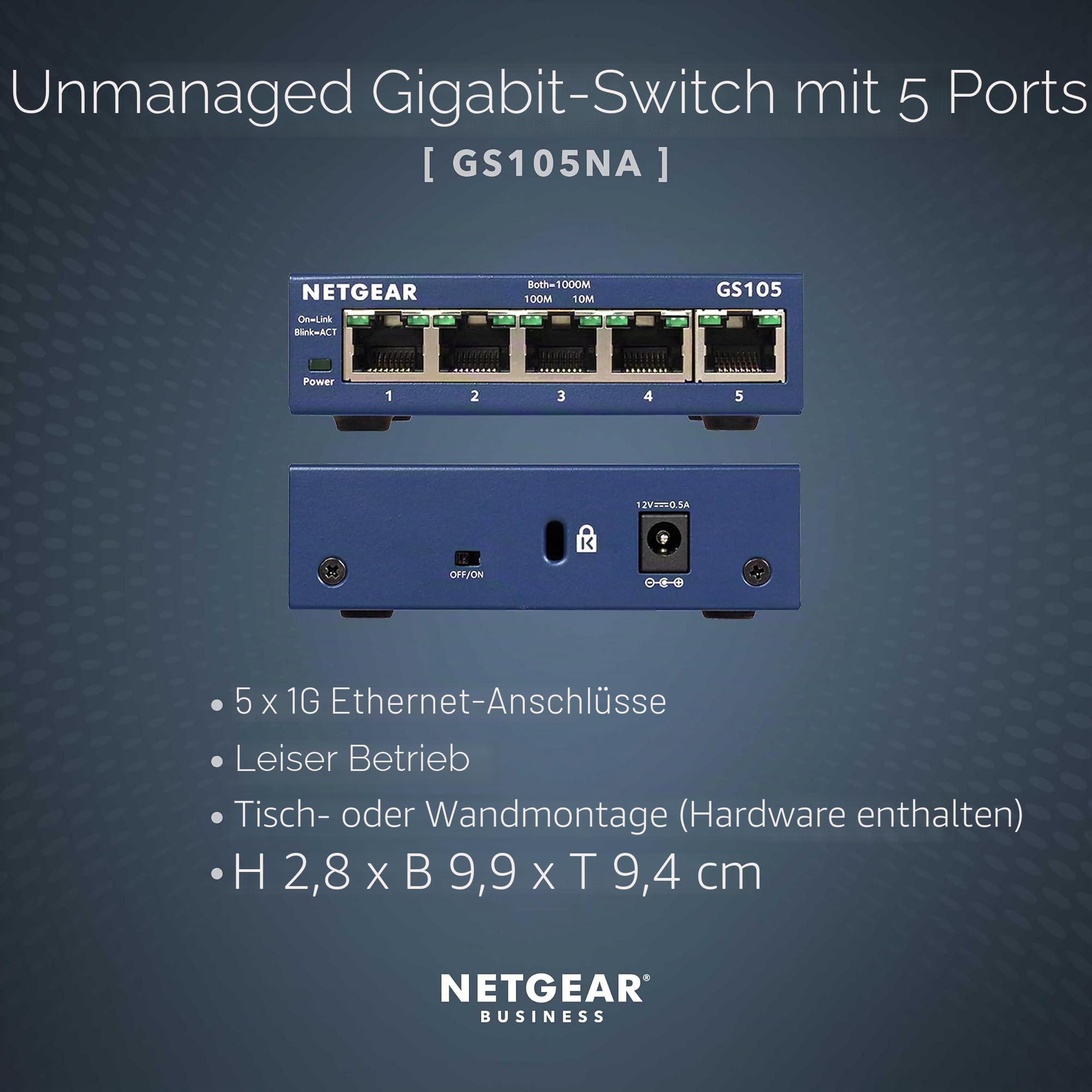 NETGEAR 5-Port Gigabit Ethernet Unmanaged Switch (GS105NA) – Desktop- oder Wandhalterung, und begrenzter lebenslanger Schutz, Grau