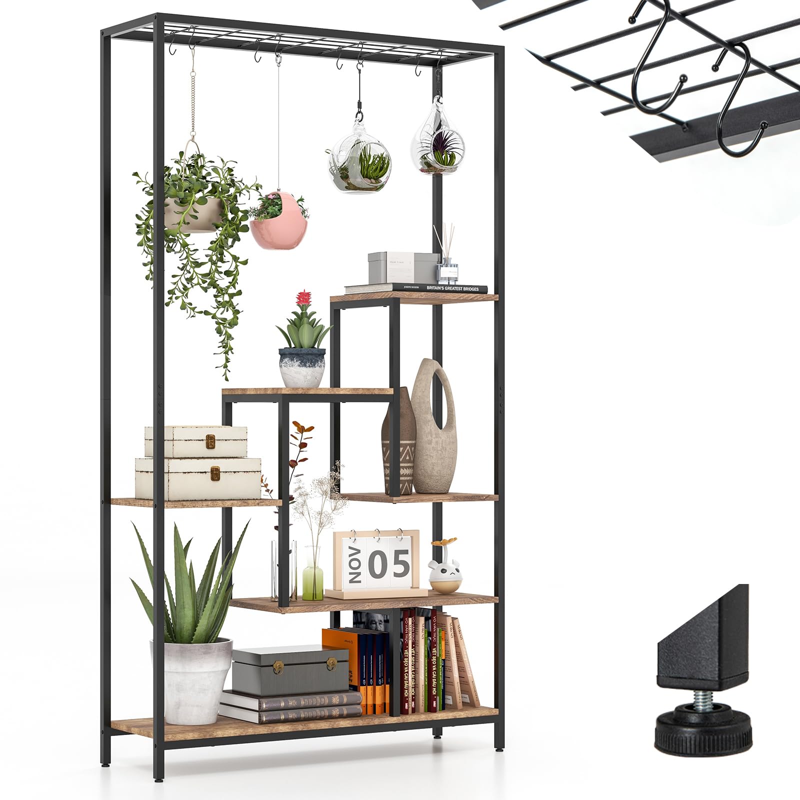 RELAX4LIFE Étagère à Plantes à 6 Niveaux 180 CM avec 10 Crochets Suspendus, Étagère d'Angle Ajustable pour Salon Terrasse Jardin (Noir+Brun)