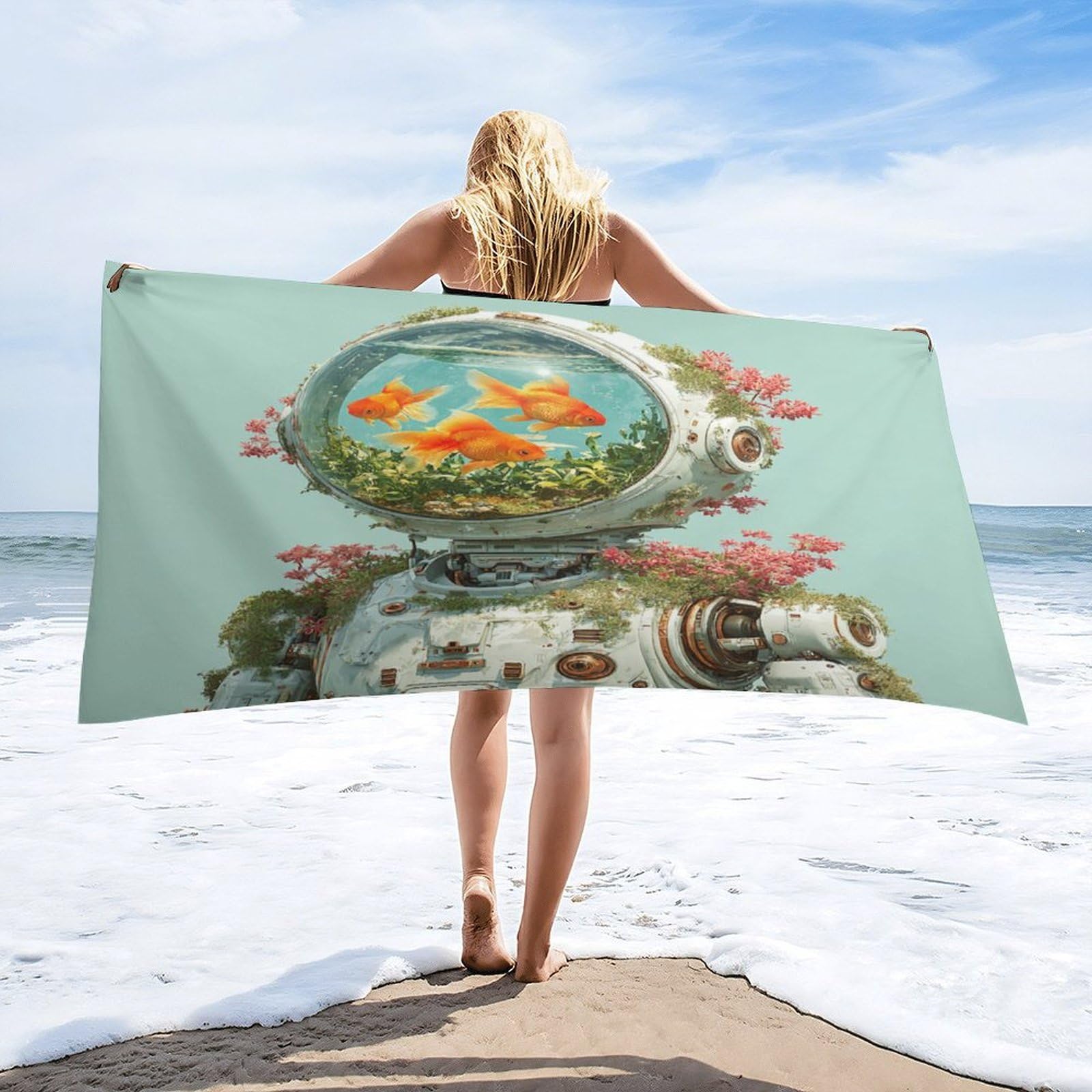 Luyysky Cool Abstract Funny Astronaut Absorbent Beach Towel, Classic Oil Painting Robot Animal Goldfish Plant Flowers Outdoor Single-Sided Velvet Beach Towel-80 W Cm X 160" L Cm