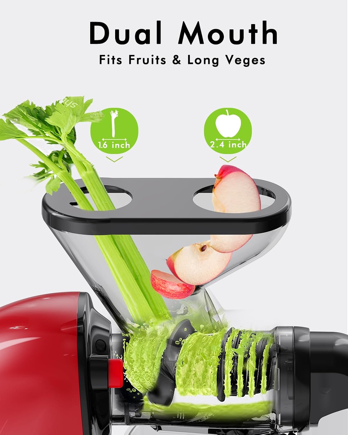 SIFENE Compact Slow Masticating Juicer, Dual Feed Chute, 150W Motor, Red | 90 RPM slow squeeze, quiet motor, brush-assisted cleanup, 550ml juice cup, 1000ml pulp bin, celery and fruit prep