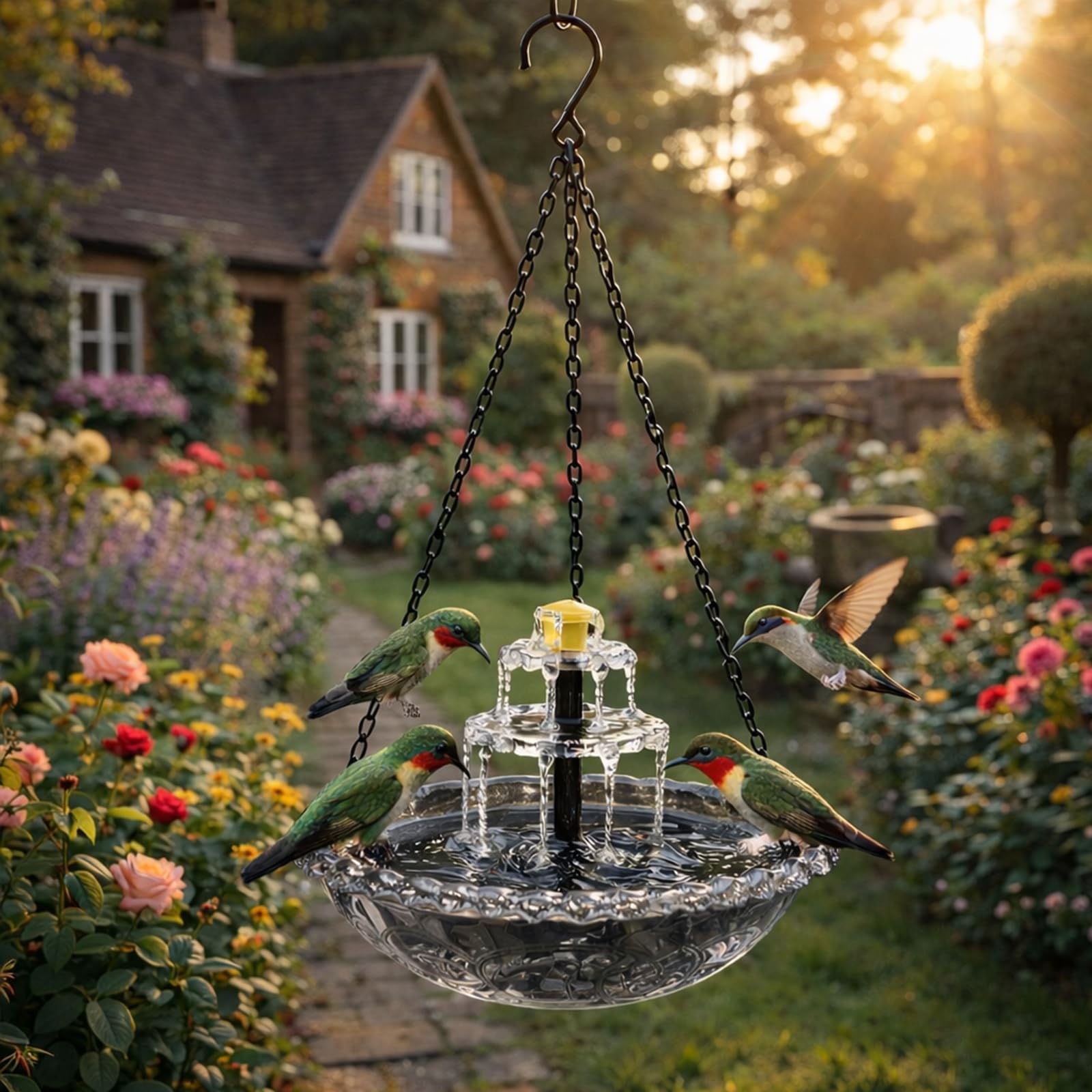 Solar Cascade Hanging Bird Bath Fountain, Large Plastic Birdbath with Automatic Solar Pump, Wild Bird & Hummingbird Water Feeder for Outdoors, Garden, Yard and Patio Decor (Black)