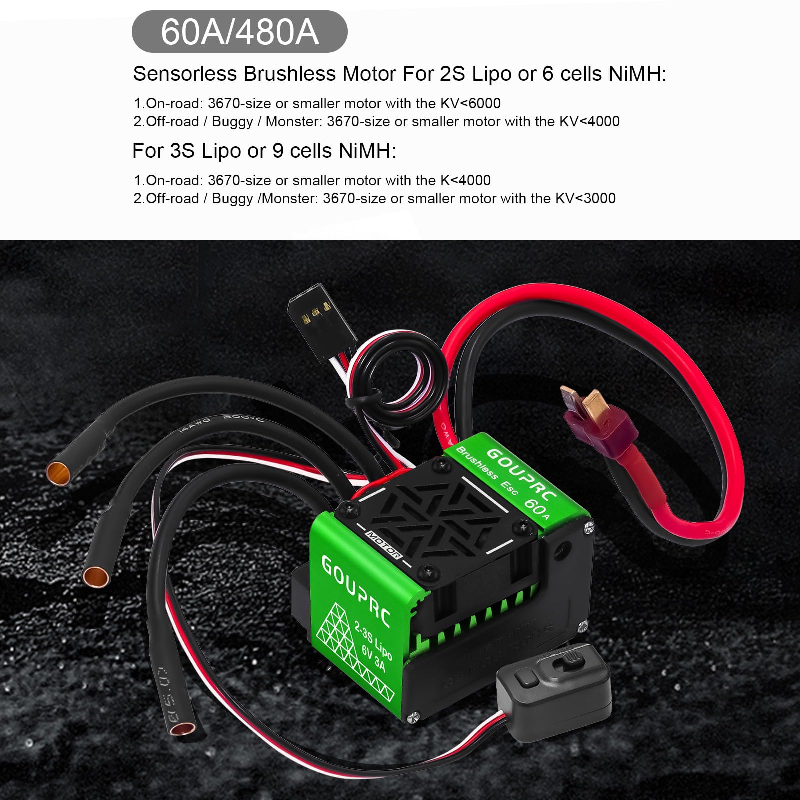 GOUPRC Contrôleur de vitesse électrique 60 A sans balais RC ESC 2-3S étanche pour accessoires à l'échelle 1/10 RC Camion tout-terrain Buggy Monster Truck Voiture