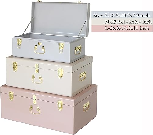 Miniatura 2 de Vixdonos Juego de 3 baúles decorativos de metal con cierre de seguridad para organización del tesoro y decoración del dormitorio del hogar, 26.8 x