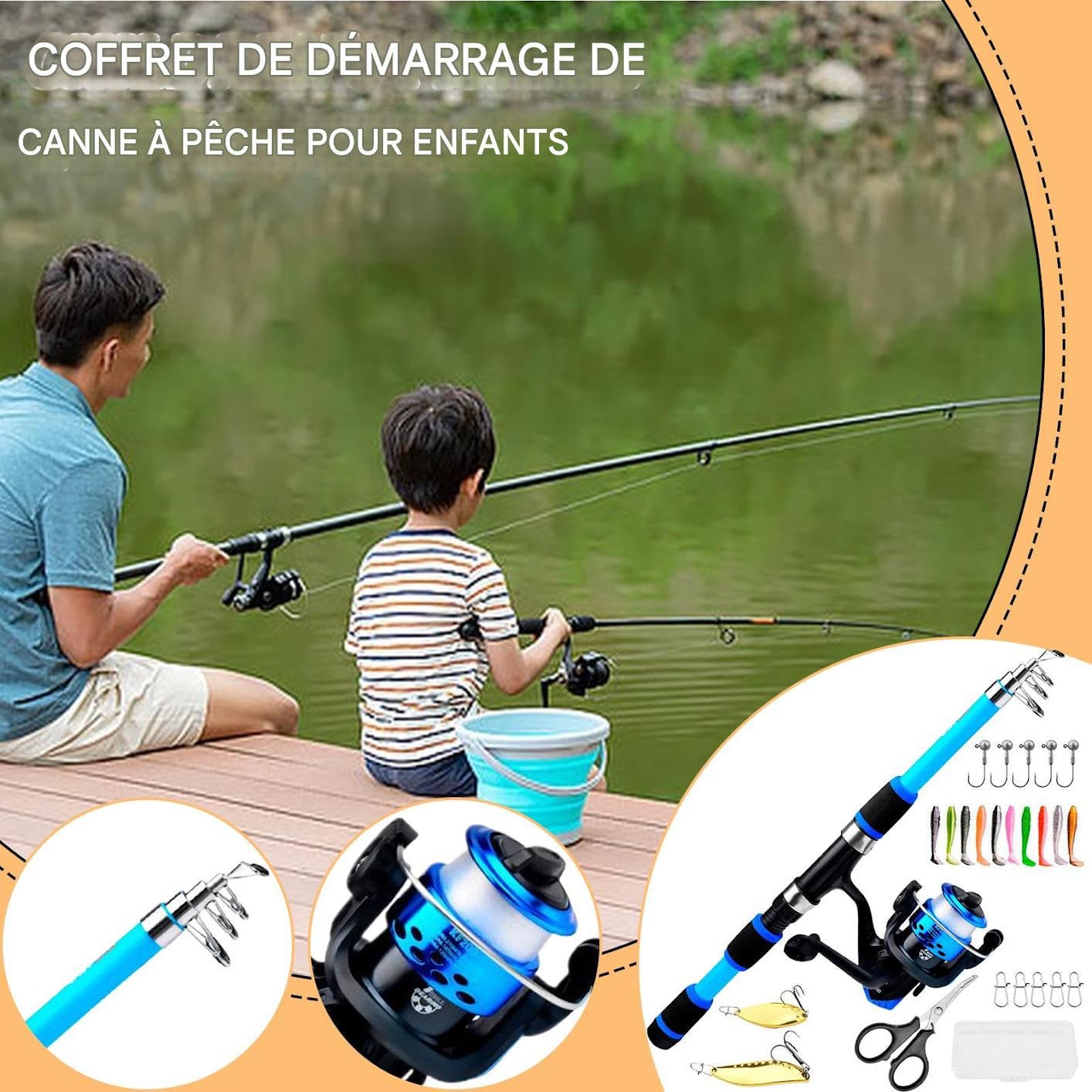 Canne à Pêche Enfant – Kit Télescopique 180 Cm, Moulinet, Leurres, Boîte, Pour Piscine Ou Lac, Débutant