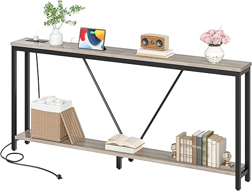 HOOBRO Mesa consola de sofá extra larga de 70.9 pulgadas con estación de carga, mesa de sofá de 2 niveles con soporte en V, para entrada estrecha,
