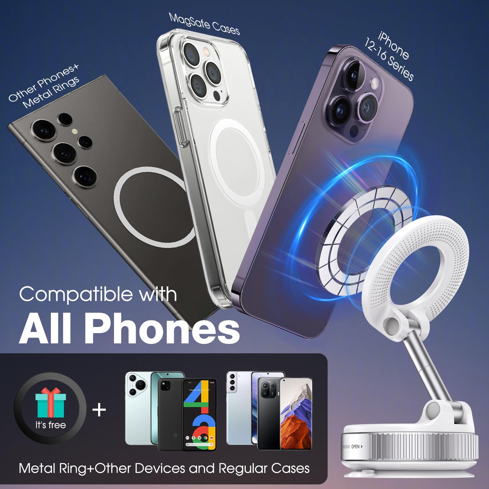 Soporte magnético giratorio de 360° para teléfono, plegable y retráctil, manos libres, ventosa para coche, gimnasio, espejo, superficie lisa, compatible con iPhone Android y todos los smartphones