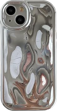 Caseative Cute Water Ripple Shape Chrome Plating Electroplated Camera Lens Protection Soft Compatible with iPhone Case Silver,iPhone 14