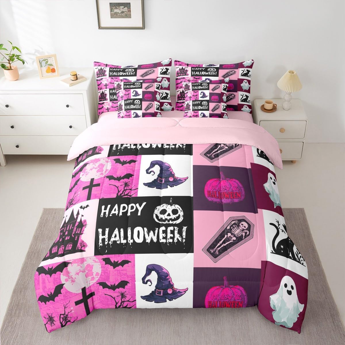Feelyou Halloween Comforter Set Full Size 7 Pieces Pumpkin Bedding Set Boys Girls Horror Cemetery Ghost Bed in a Bag with Comforter, Sheets, Pillowcases, Cushion Covers Black Cat Bedroom Decor Pink