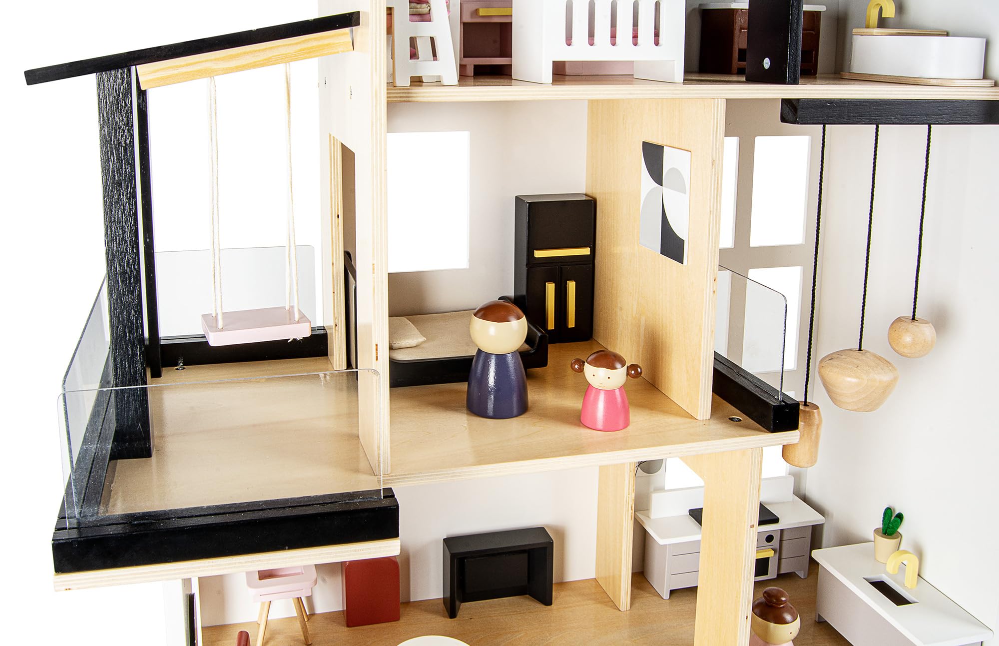Leomark Appartamento, Moderna Casa delle bambole in legno, in stile LOFT con persiane e terrazza, Con arredamento e tanti accessori, Dimensioni: 80x30x63 cm.