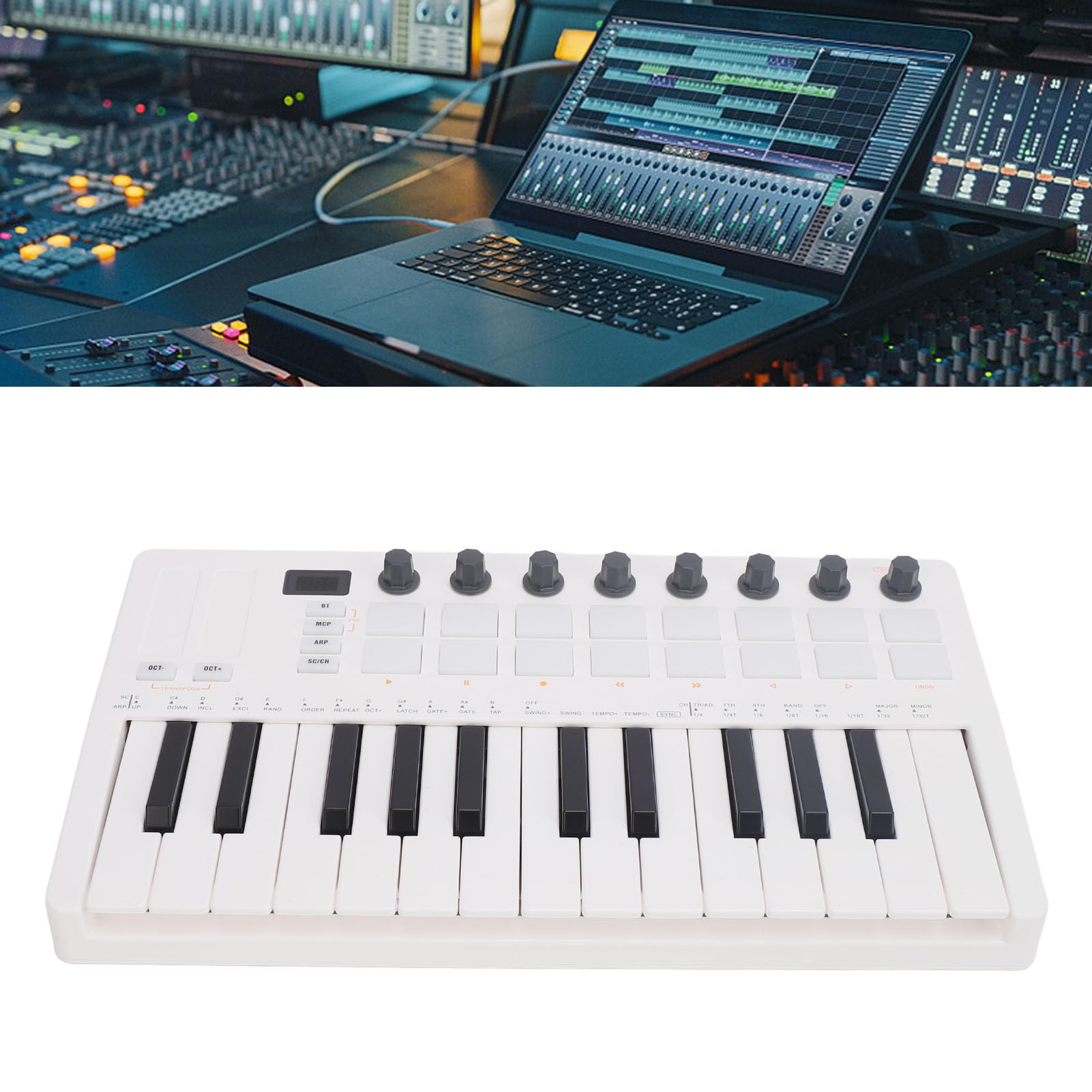 Kontroler klawiatury MIDI BT Wireless, 25 klawiszy, przenośna klawiatura produkcyjna zasilana przez USB, z 16 padami RGB i 8 pokrętłami, do ćwiczeń w studiu, ABS, kolor czarny