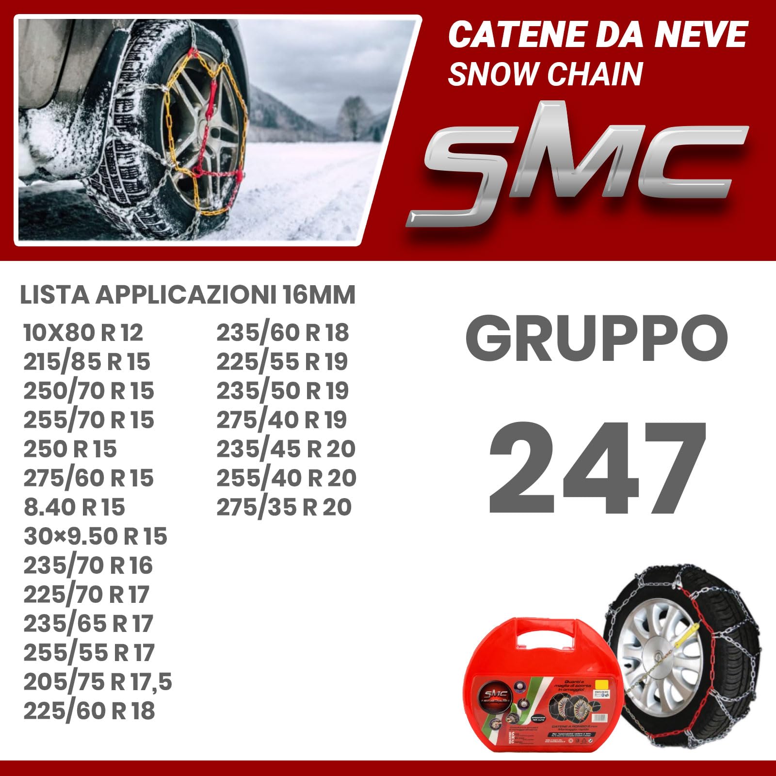 SMC Catene da Neve OMOLOGATE O-Norm TUV 16mm per Pneumatici GOMME 235/50 R 19