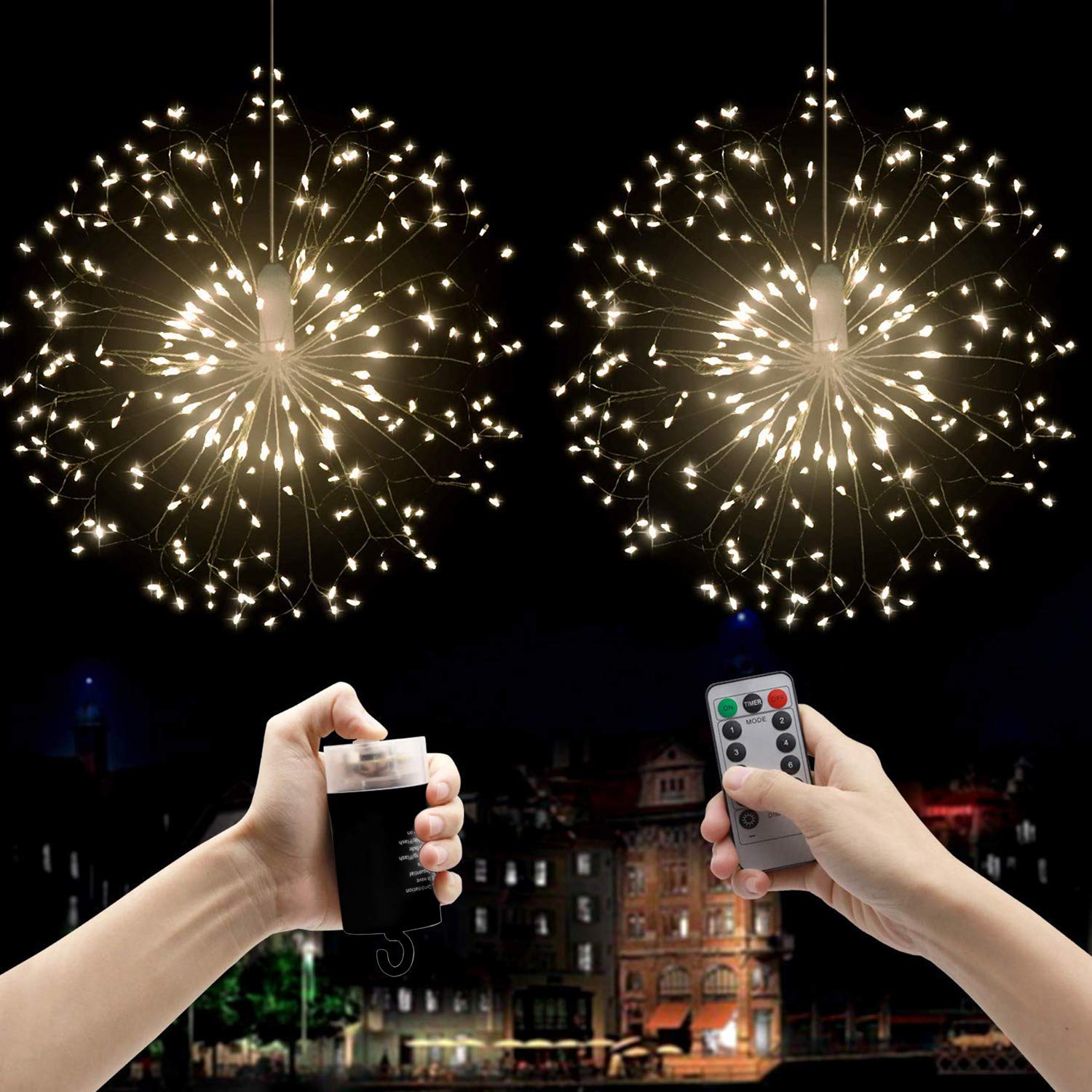 ZXK CO 2 Pack Firework Lights, 8 Modes Dimmable Hanging Starburst String Lights, 120 LED Waterproof Battery Remote Control Fairy Light for Valentine Parties Wedding Home Garden Decoration(Warm White)