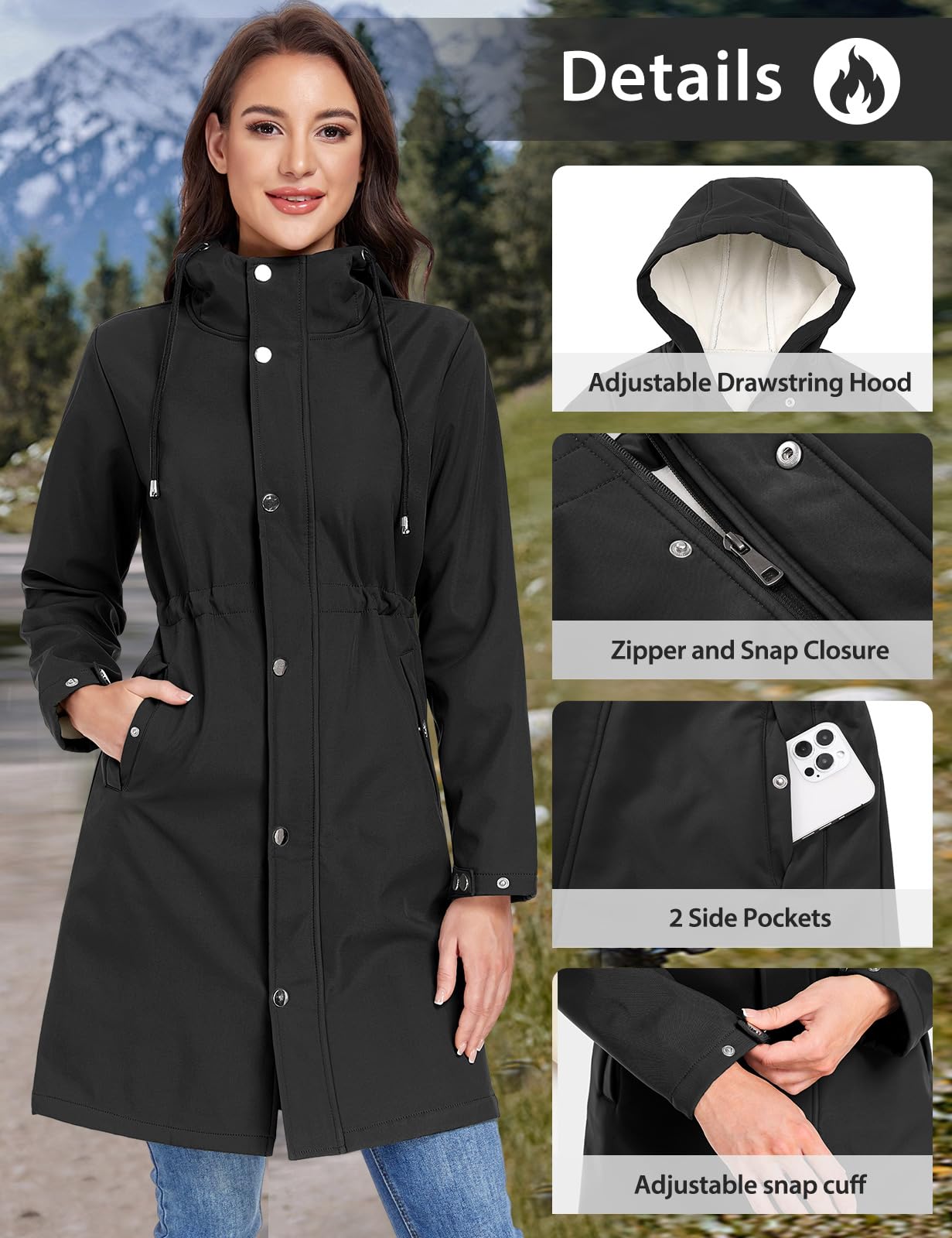 Softshelljacke Damen Lange Übergangsjacke Fleece Gefüttert Winddicht Softshellmantel Wasserdicht Windbreaker Wanderjacke Atmungsaktive Jacke Regenjacke Outdoorjacke mit Kapuze