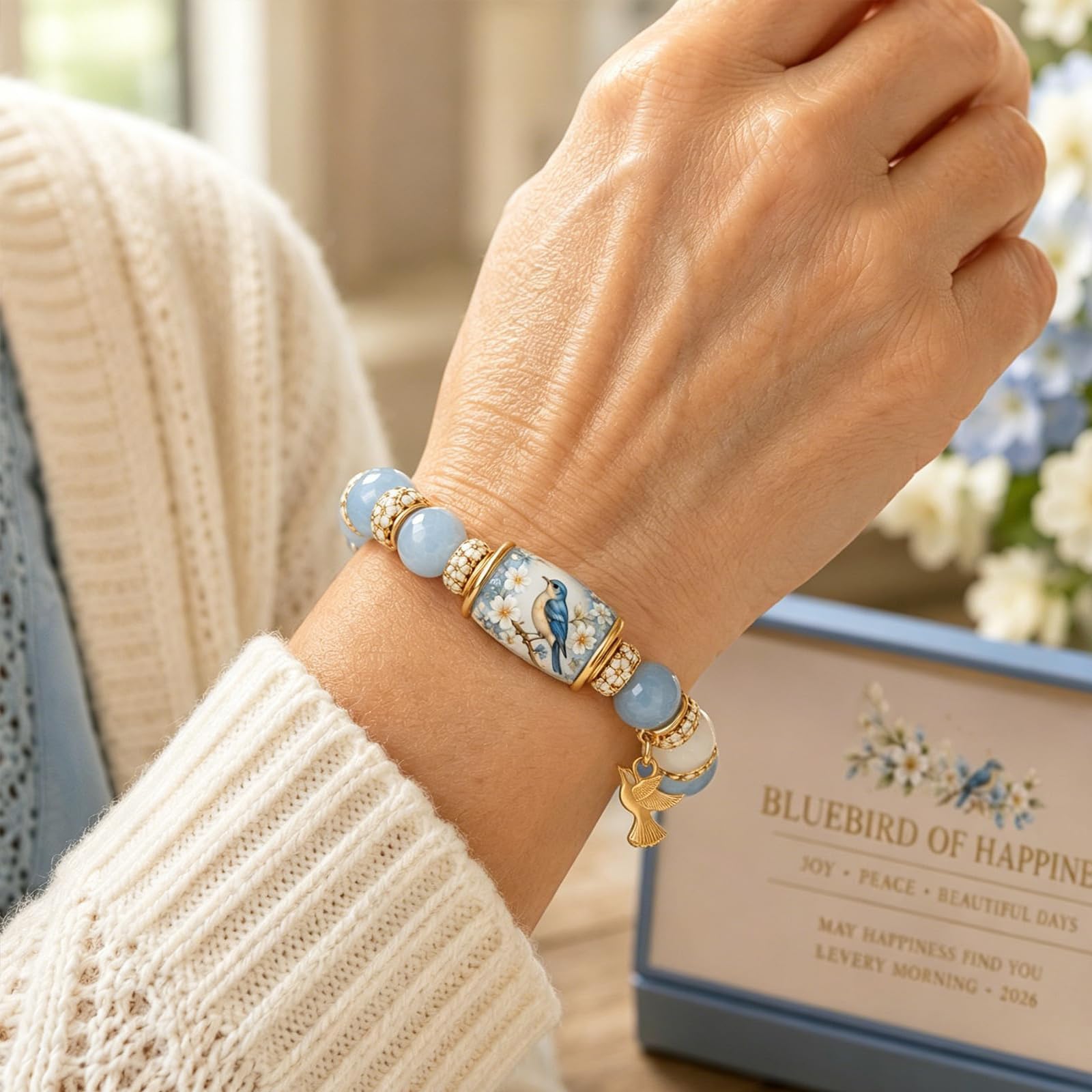 Generico Bracciale Bluebird Blessings con confezione regalo, braccialetto di benedizione della farfalla colibrì, braccialetto ispiratore con ciondolo a forma di uccello per donne e uomini