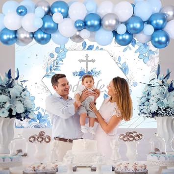 Cheereveal Baptism Decorations for Boys Blue - God Bless Party Decorations Blue & Silver Balloon Garland Kit with Backdrop Cross Foil Balloon for First Communion Confirmation Party Supplies