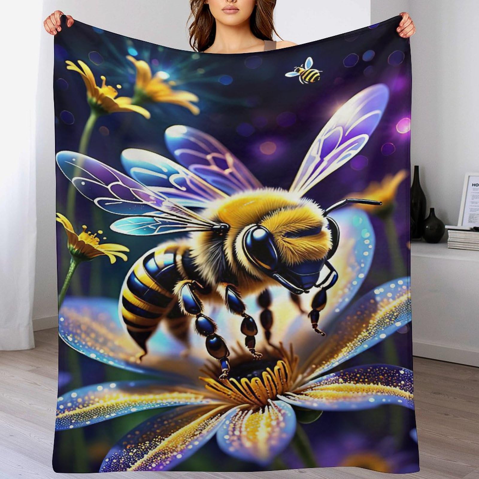 Couverture de lit plaid flanelle douce abeille chaude légère de 130×150cm