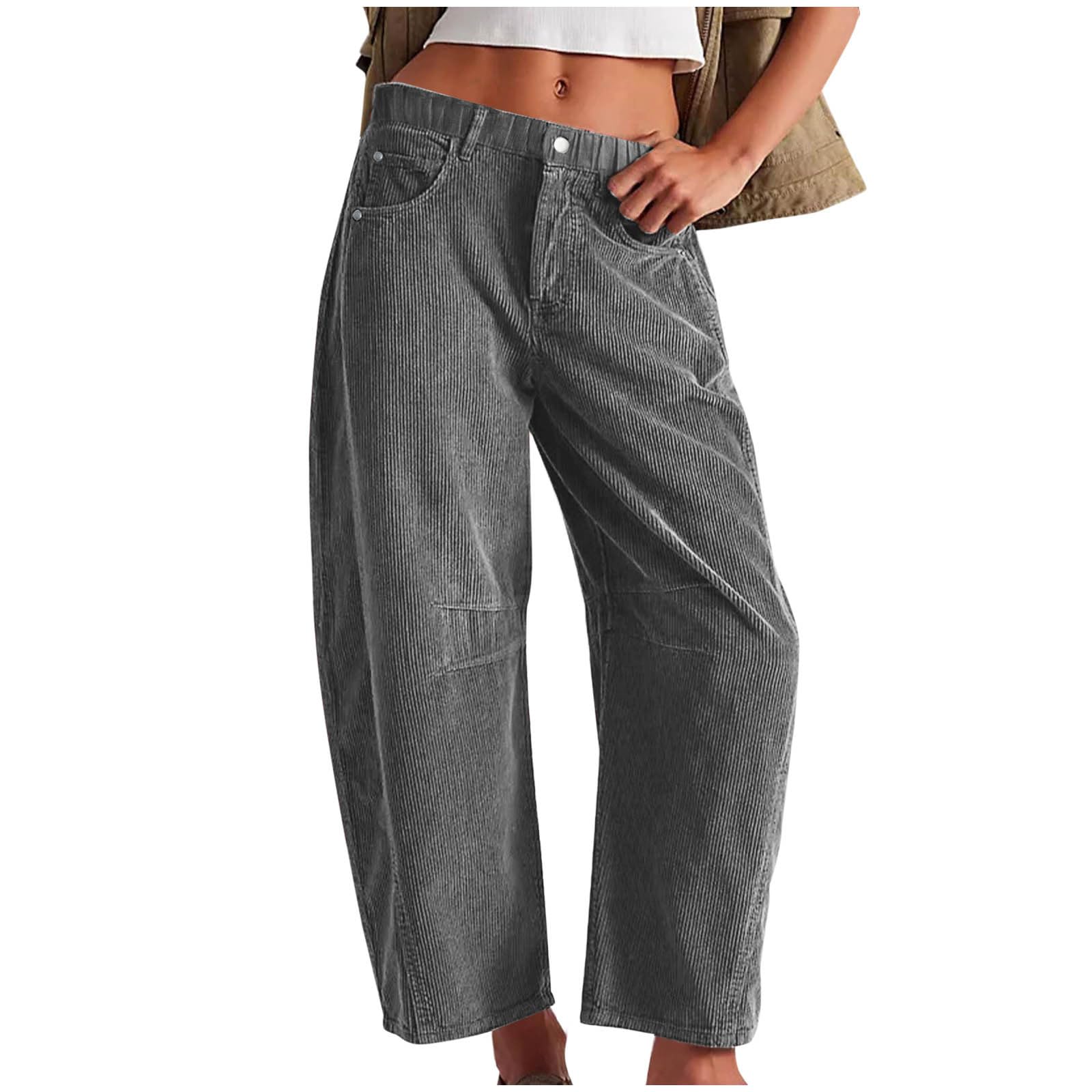 Corduroy Pants for Women Barrel Mid-Rise Drawstring Elastic Waist Cord Pants Cotton Casual Wide Leg Baggy Trousers