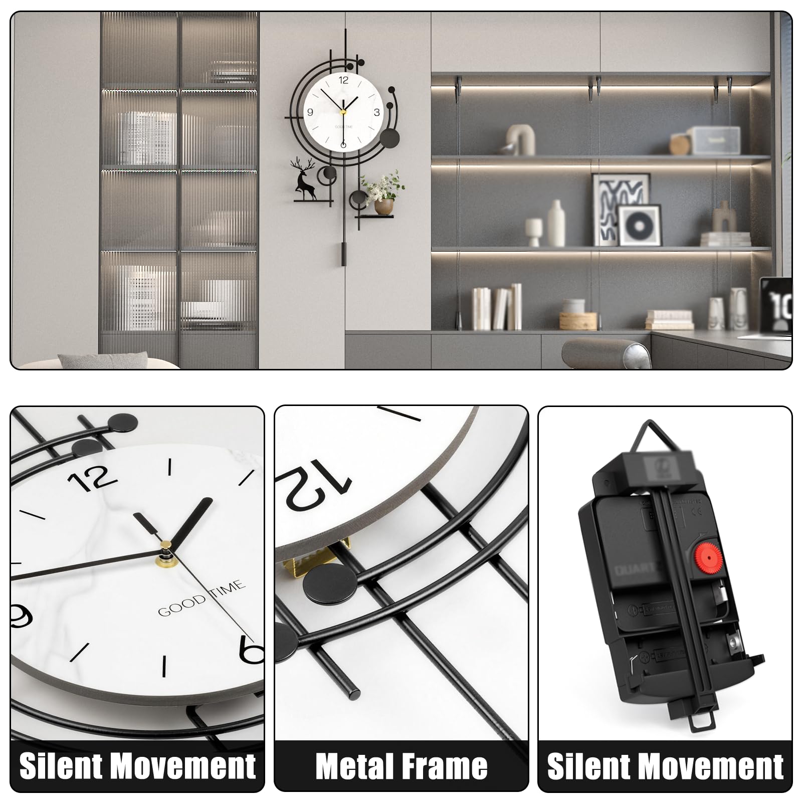 Modern Nordischer Stil Wanduhr Kreativ Minimalistisch Dekorative Wanduhren Leise ohne Tickgeräusche Batteriebetrieben Pendeluhr Mit Ablage für Wohnzimmer Schlafzimmer Büro Küche, 36 * 72 cm