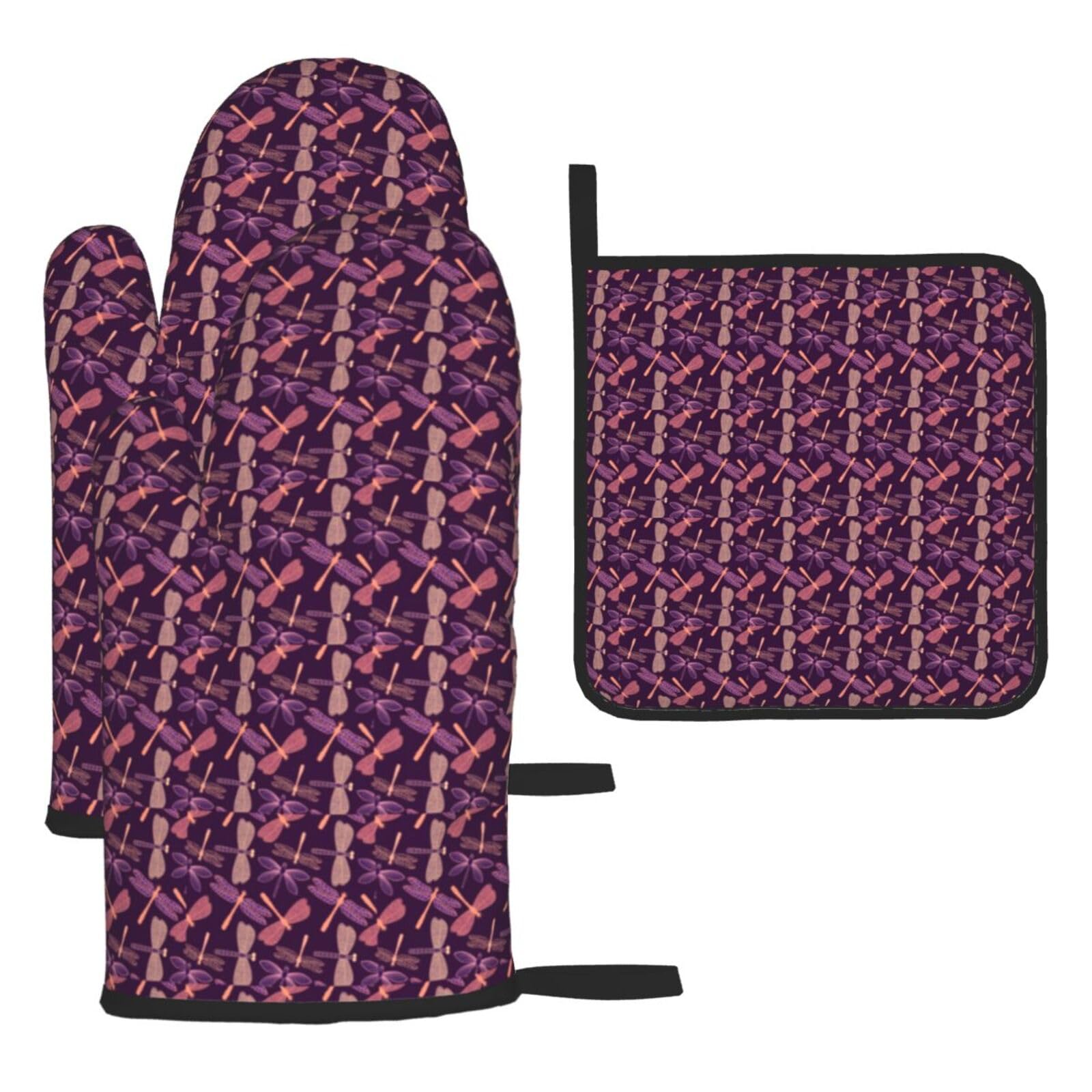 Purple Dragonfly Print Oven Set Kitchen Gloves Baking Grilling Microwaving Cooking Gift Everyday Holiday