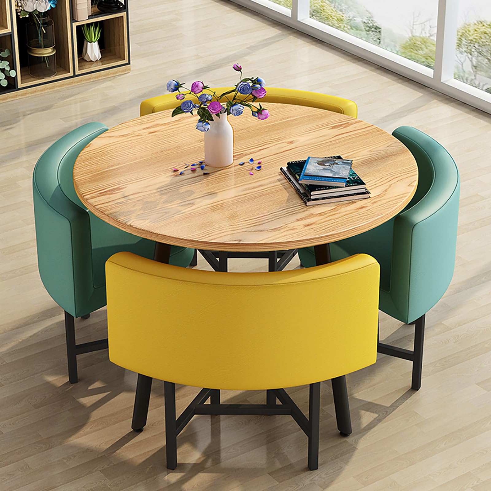 Ensemble de 5 tables de salle à manger rondes pour 4 personnes avec pieds en acier, idéal pour une petite cuisine, table basse en option