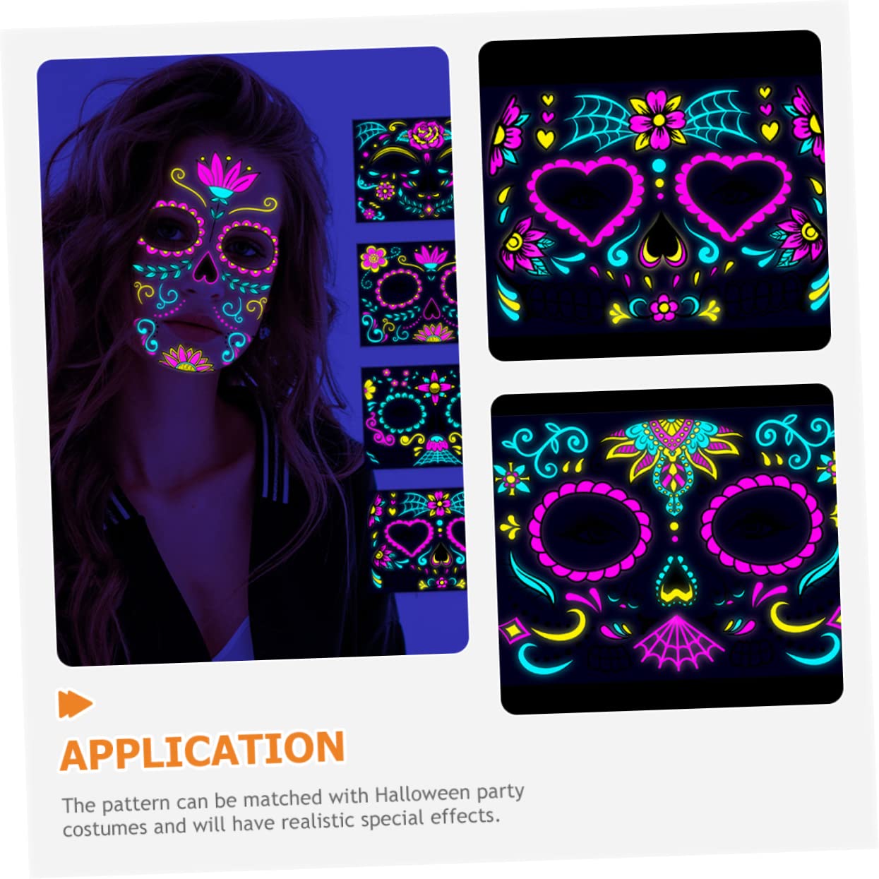 Healvian 24hojas Tatuajes De Halloween Fluorescentes Para Rostro Pegatinas De Calavera Para Maquillaje y Fiesta De Disfraces De Diseño Diverso
