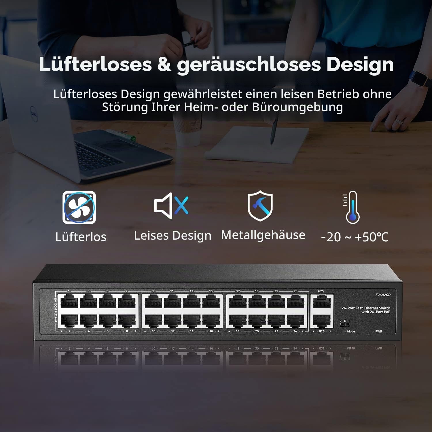 24 Port PoE Switch, 10/100Mbps PoE+ Ports, 2 Gigabit Ethernet Uplink, IEEE802.3af/at, Max 300W, VLAN & PoE Extend 250m, RackMount Fanless Unmanaged Ethernet Switch