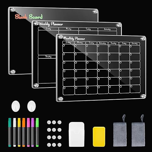 Alupssuc Calendario magnético acrílico para refrigerador, 3 piezas reutilizables y transparentes de borrado en seco, calendario mensual, semanal y