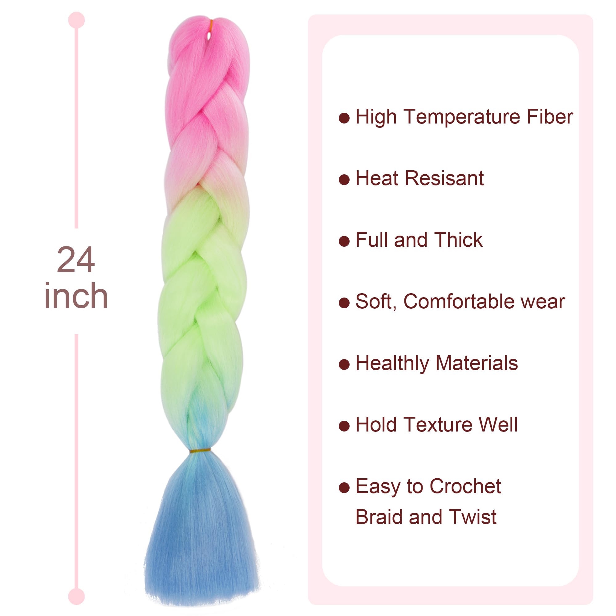Colorfulpanda 3pcs/pack Ombre Jumbo Braiding Hair Extensions,Heat Resistant Synthetic Pre Stretched Braiding Hair,for Box Braids Braiding Hair 24inch (Pink/Green/Blue) - Image 2
