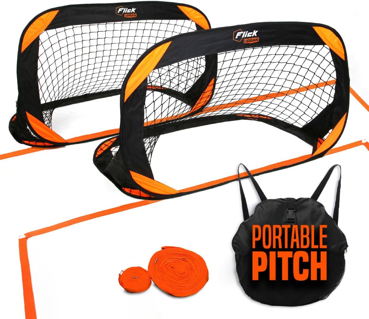 Flick Urban Pitch Pack | Portable Football Pitch Includes 2 x Compact Pop-Up Goals, Pitch Marker and Backpack