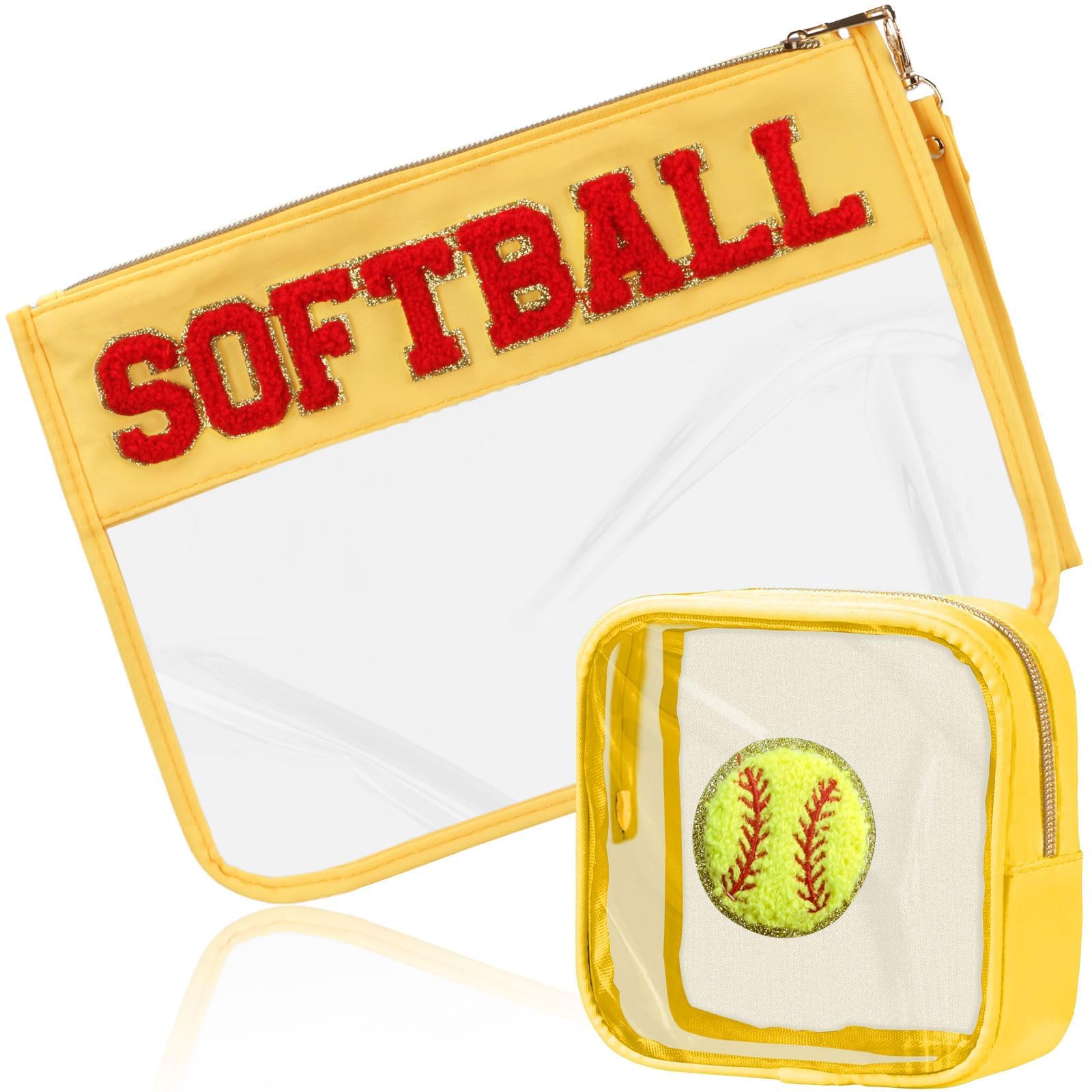 BuyCard 2 Pcs Softball Gifts Makeup Bag with Chenille Letter Patch, Clear Cosmetic Pouch PVC Organizer Purse, Waterproof Travel Bag, Portable Toiletry