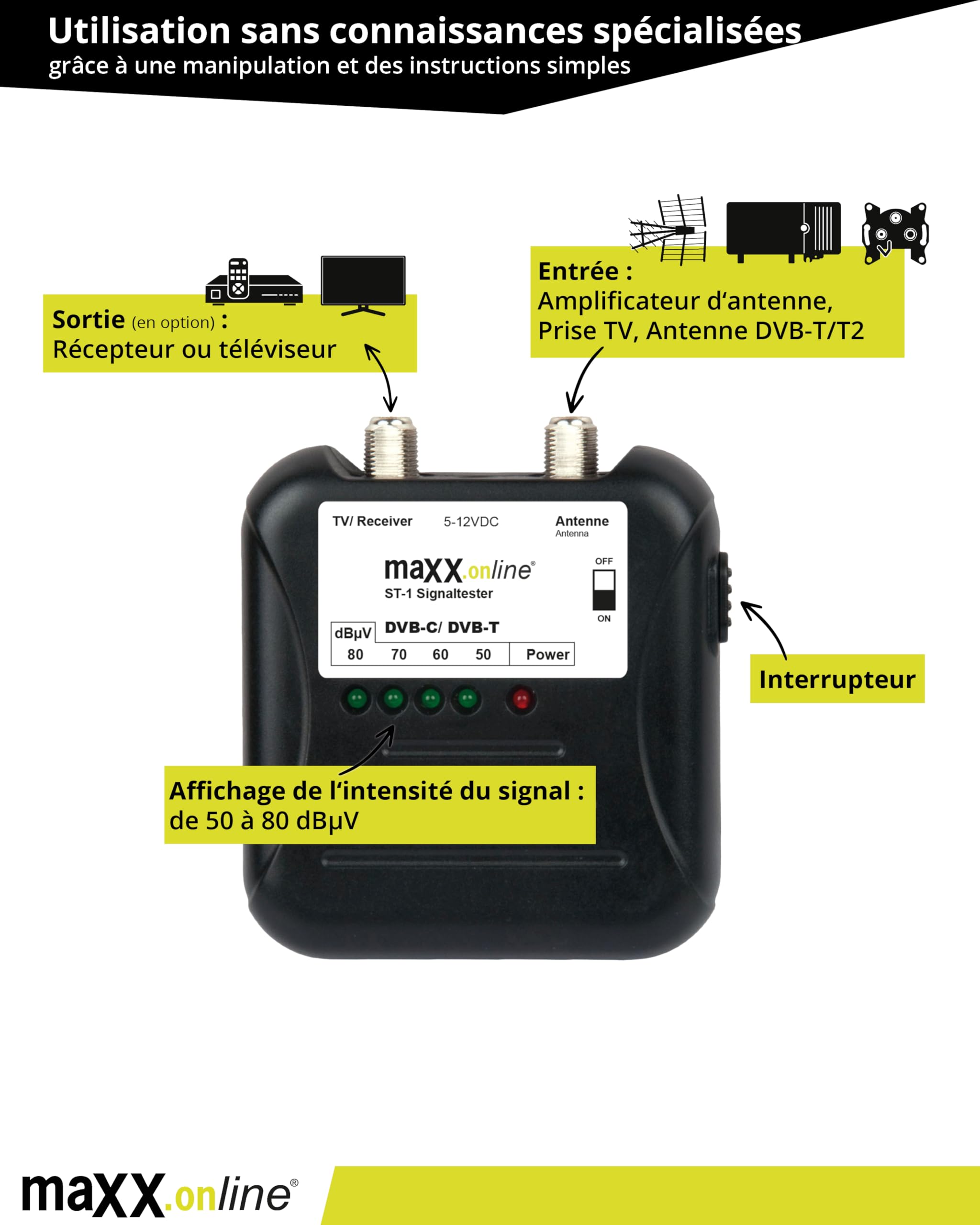 Testeur de signaux DVB-T2/DVB-C, mesurer le signal d'antenne, vérifier l'intensité du signal de la télévision par câble, testeur de télévision par câble analogique/numérique