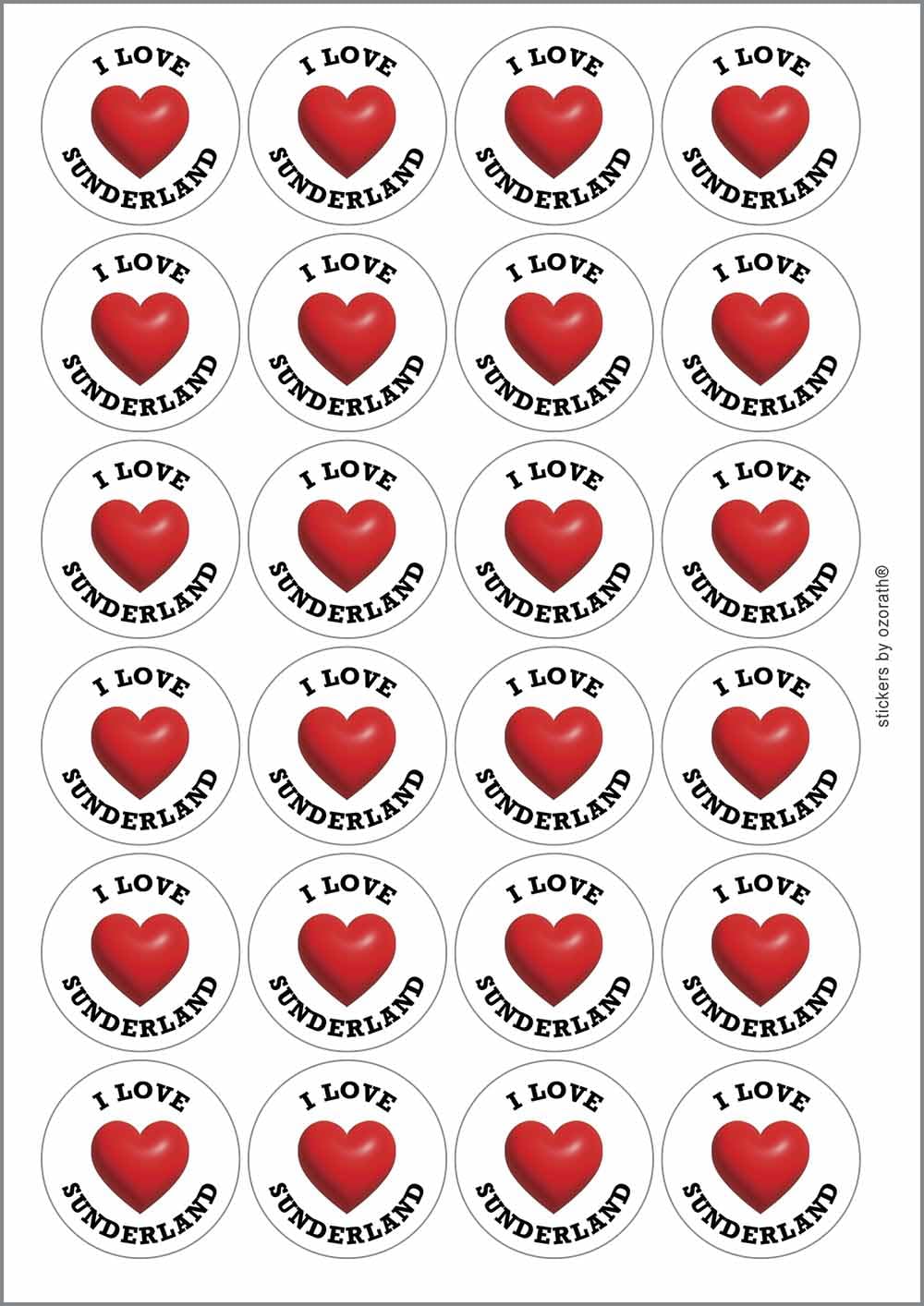 I Heart Love Sunderland Location Circular Matt Paper Stickers A4 Sheet of 24 (Each Sticker is 45mm Diameter)