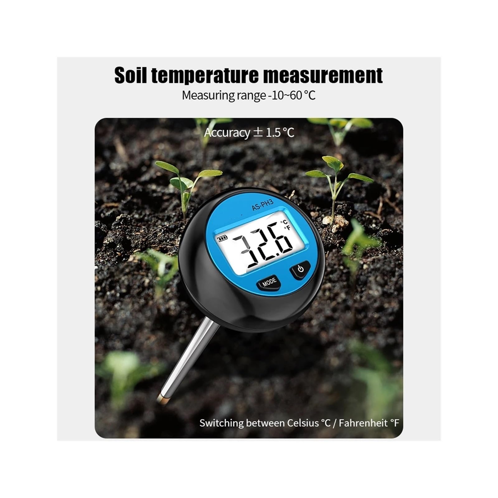 Medidor digital de pH del suelo 3 en 1, monitor de temperatura y humedad, comprobador de actividad de pH, instrumentos de medición de suelo for jardinería