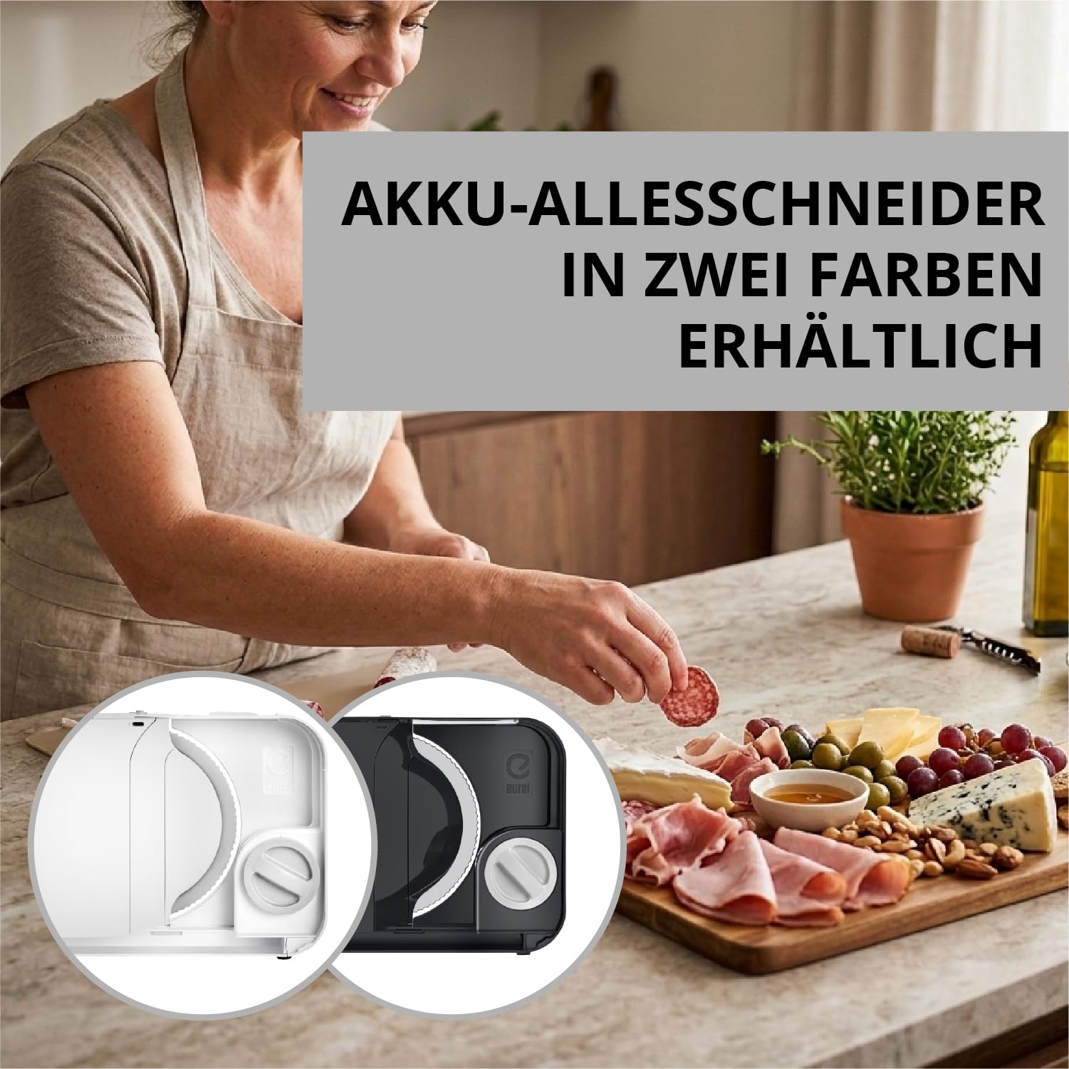 EUREL RS54 Akku-Allesschneider, Schwarz | Brotschneidemaschine klappbar, kabelloser Allesschneider mit Li-Ion Akku, E-Blade Präzisionsklinge, 0–15 mm Schnittstärke