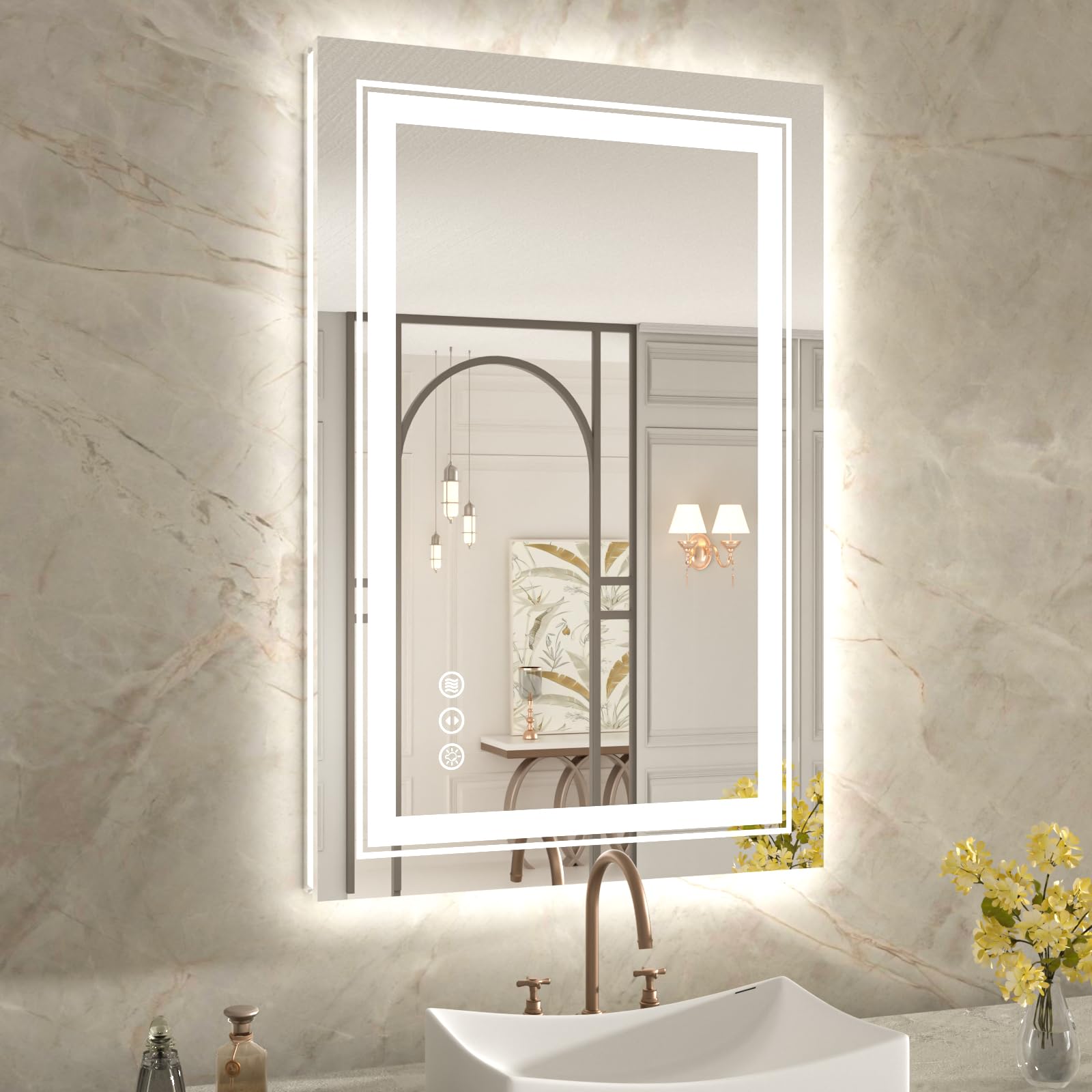 WTTY LED Bathroom Mirror with Backlit and Front Light,24"x36",Dimmable LED Mirror for Bathroom,Anti-Fog Lighted Bathroom Vanity Mirror Modern for Wall,Memory Function,Shatter-Proof