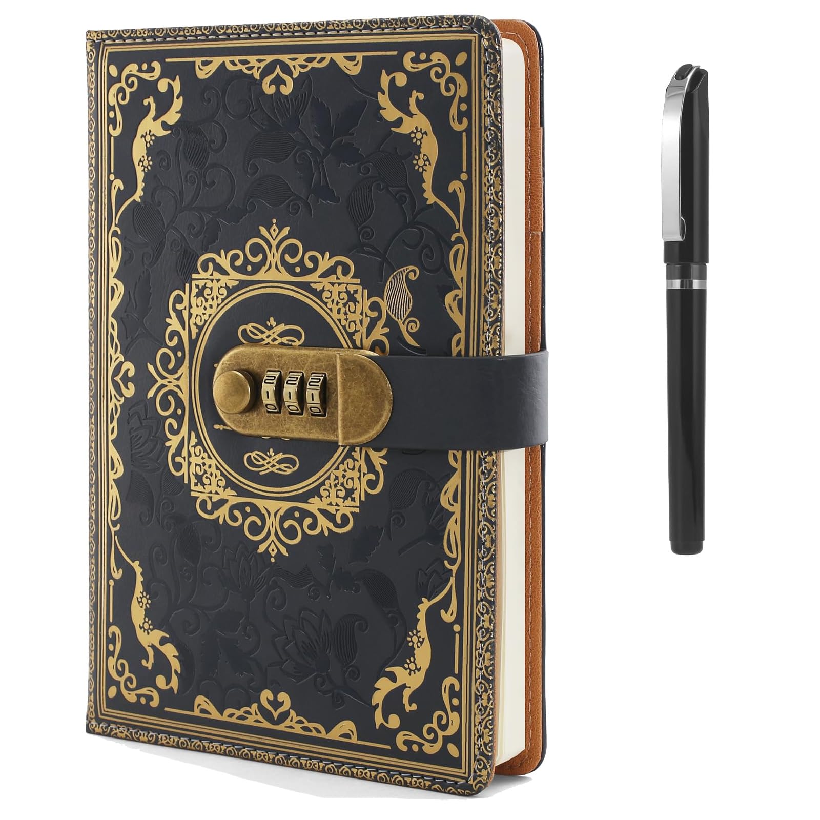 HUANYO A5 Password Journal with Pen, Vintage Leather Look Combination Lock Diary for Women Girls, 200 Pages Lined Notebook for Travel Writing Office School (grey)