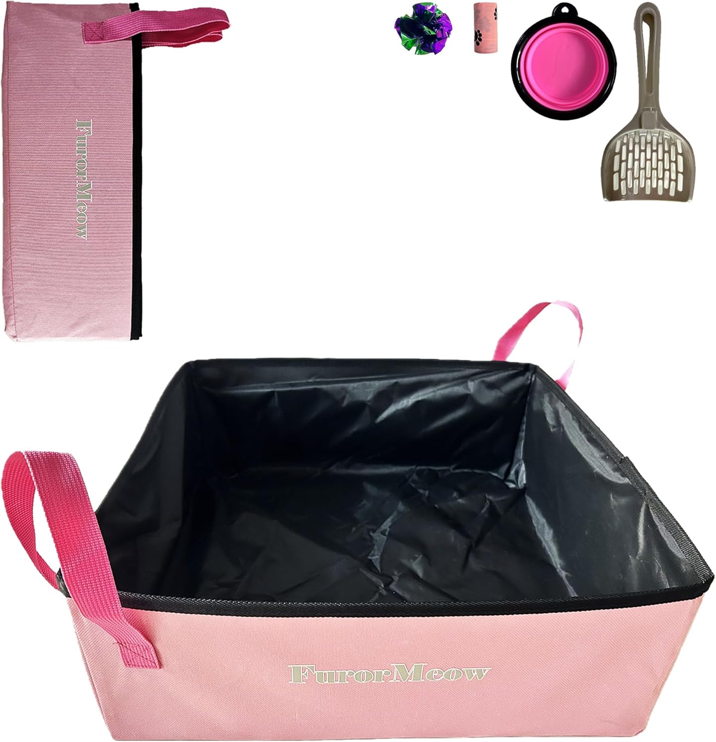 Portable Cat Litter Box, Firm Waterproof Foldable for Travelling for Cats, Including Crinkle Ball, Poop Bags, Foldable Bowl and Scoop, 15.8x15.8x5.9 inches (Pink)