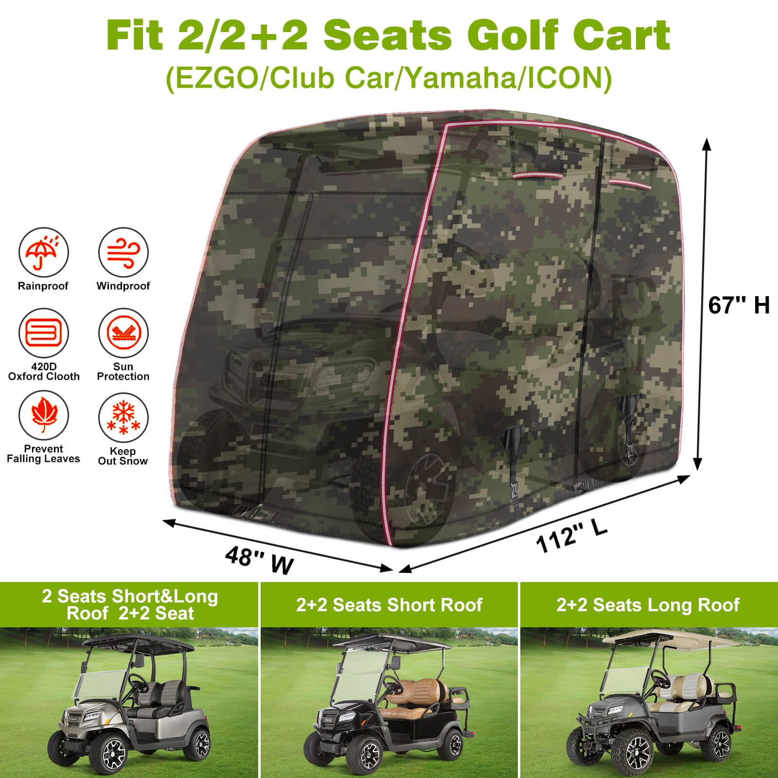 LEAPGOMAX 2/4 Passenger Golf Cart Cover Fits EZGO, Club Car, Yamaha Golf Carts with Reflective Strips, All Weather Protection Waterproof Snowproof Windproof Sunproof Camouflage