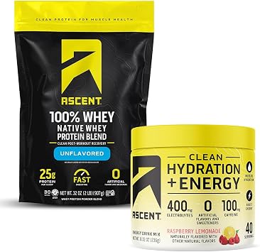 Ascent 100% Whey Protein Powder, Unflavored 2 lb & Hydration + Energy Electrolytes, Raspberry Lemonade 40 Servings