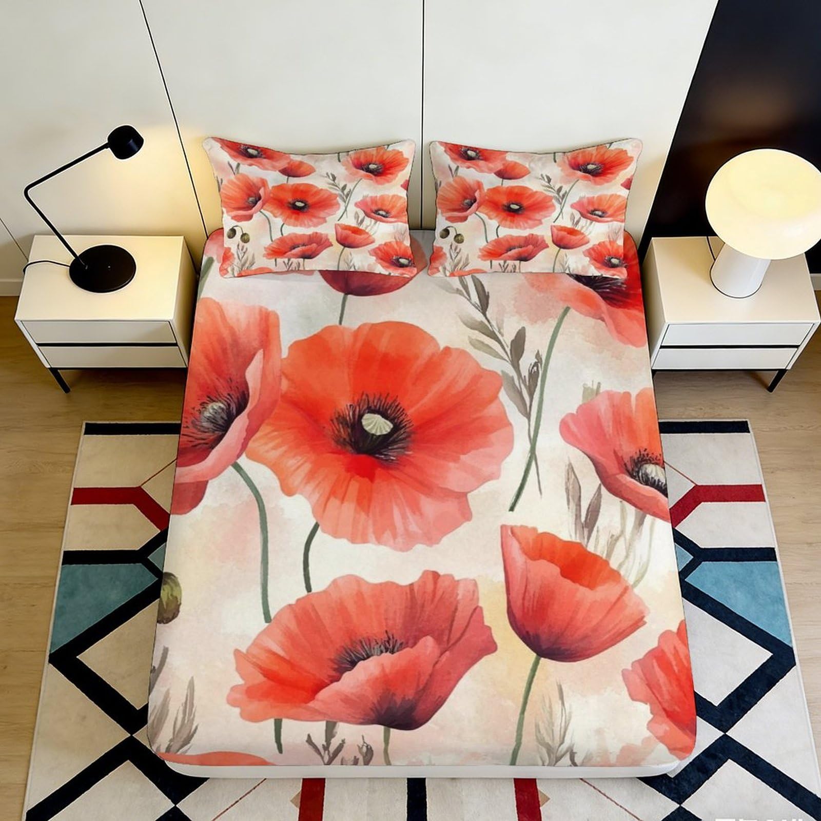 3D Printed Poppy Flower Fitted Sheet Microfiber Soft Red Botanical Mattress Cover for Bedroom Dorm Living Room Decor 90x200x25cm