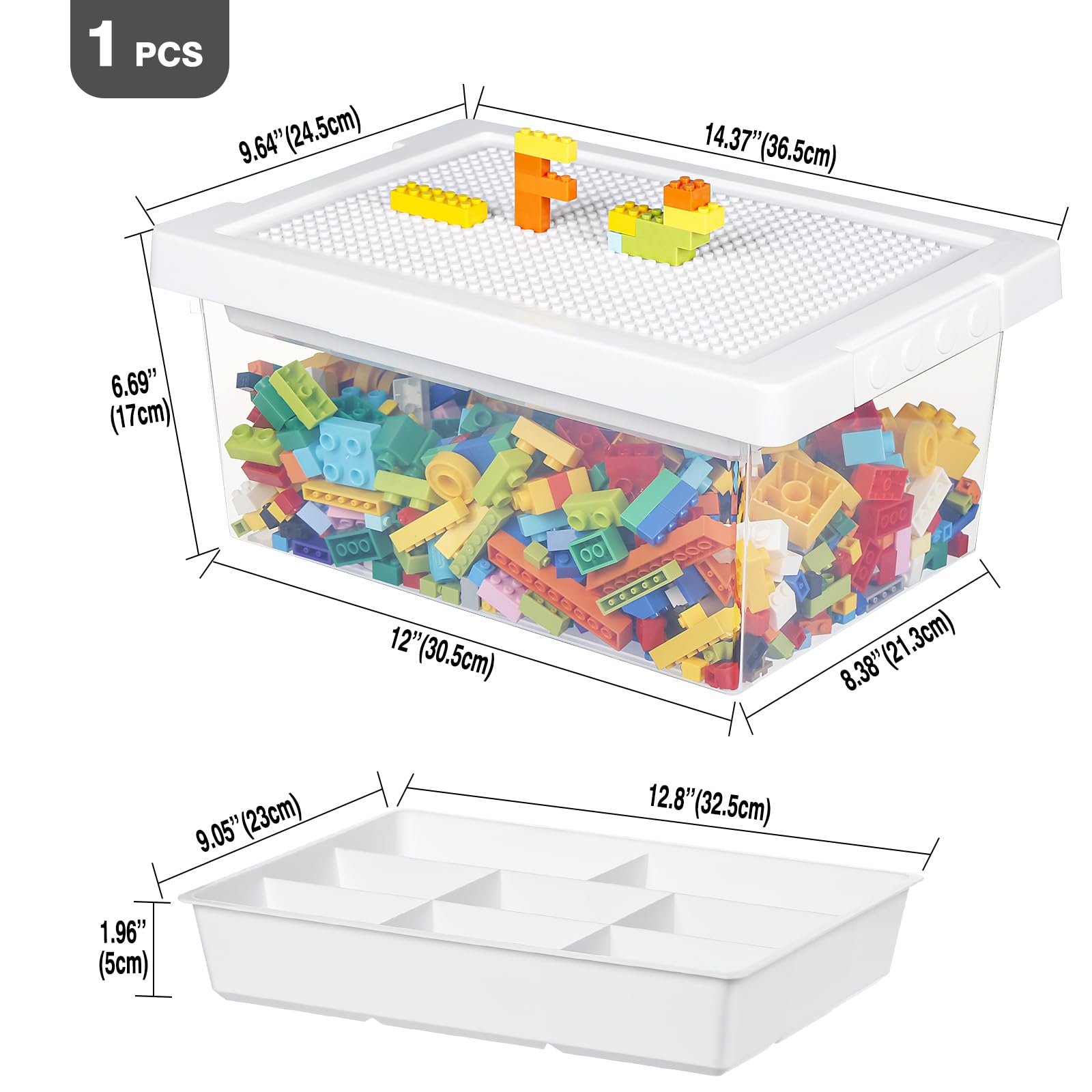 loobuu Plastic Storage Bins with Lids - 1 Set Stackable Arts Crafts Organizer Box with Removable Divided Tray &Compatible Building Baseplate,Toy Chest Containers for Bricks -White(14.37