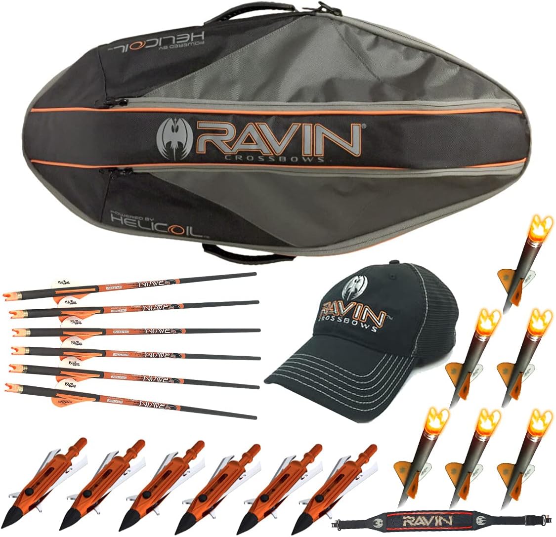 Ravin Crossbows Soft Case with Arrows, Shoulder Sling, Broadheads, Lighted Nocks, and Hat Bundle (8 Items)