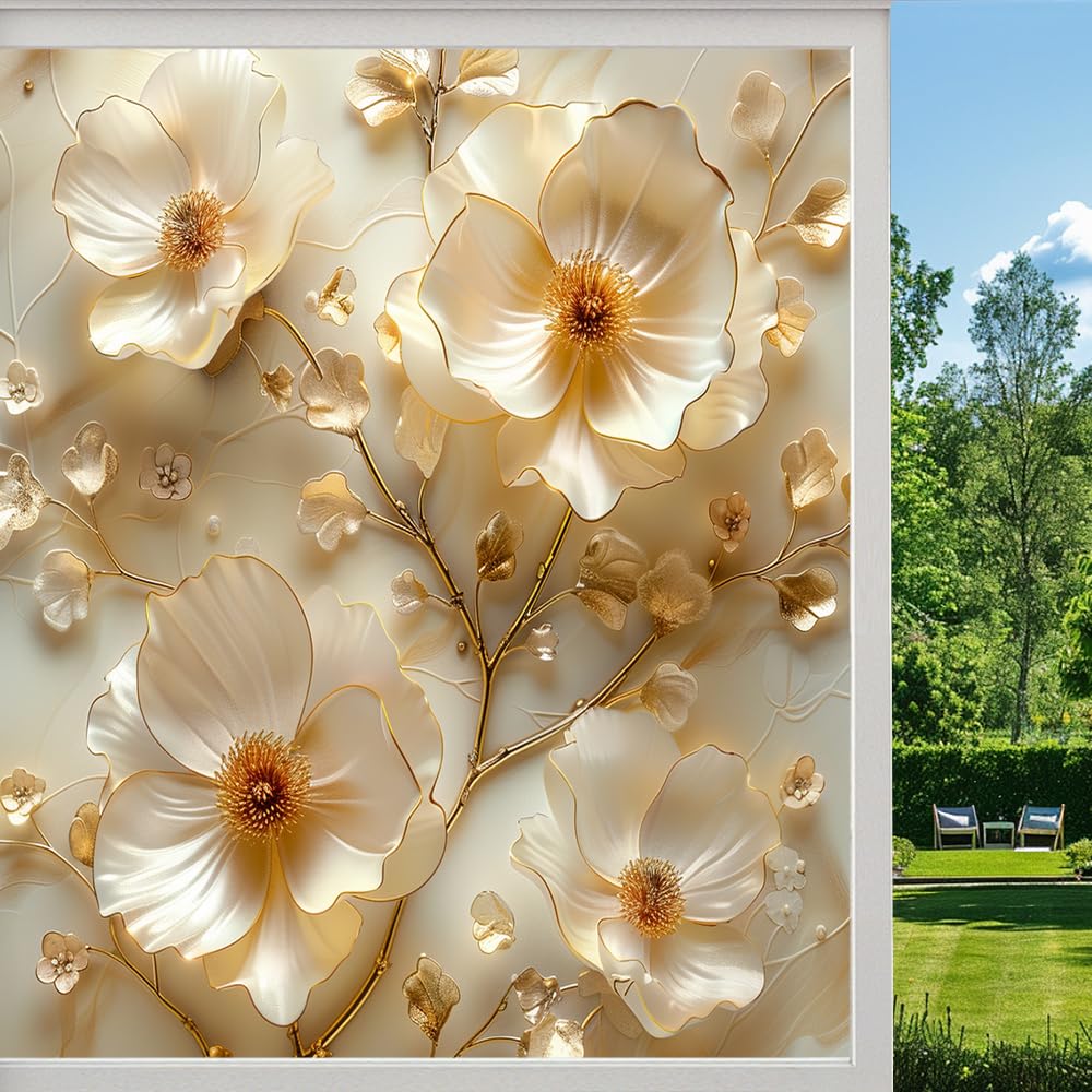 Modern Flowers Privacy Window Film, Artistic Beautiful Plant Golden Branches Frosted Self-Adhesive Vinyl Cling for Glass Doors Bathroom Windows Sun Blocking Heat Control, （80x140cm）