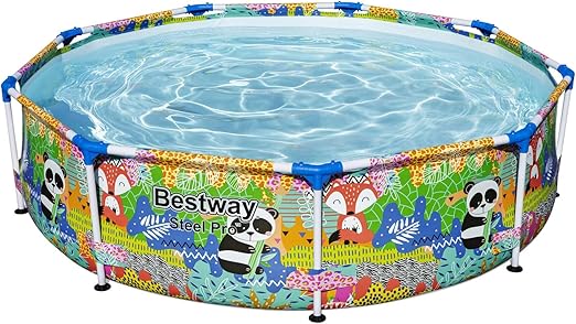 Bestway Steel Pro 9 Foot x 26 Inch Above Ground Round Outdoor Backyard Swimming Pool with 851 Gallon Water Capacity, Panda Jungle Print